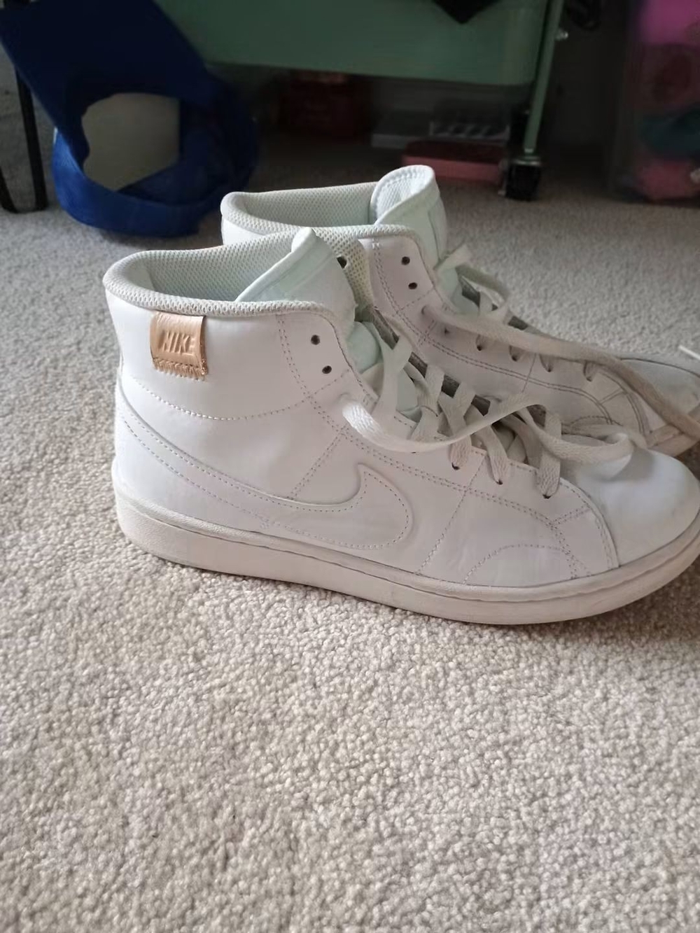 Nike White High-Top Kids Sneakers with Tan Logo Patch